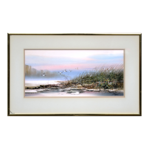 Mid 20th Century "Geese in Flight" Landscape Painting by Ead Surachai, Framed