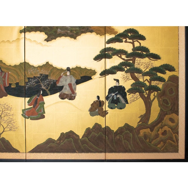 Goldenrod "The Tale of Genji", 1950s Showa Era Japanese Painted Byobu Screen For Sale - Image 8 of 18