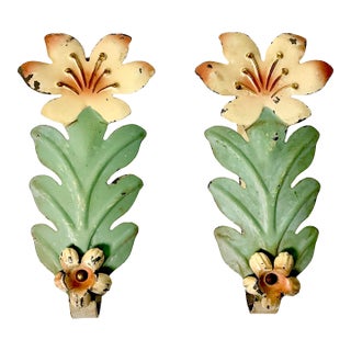 1920s Antique Italian Boho Chic Hollywood Regency Flora Tole Tiebacks - Set of 2. For Sale