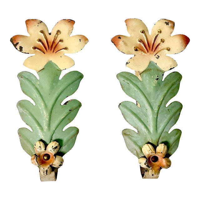 1920s Antique Italian Boho Chic Hollywood Regency Flora Tole Tiebacks - Set of 2. For Sale