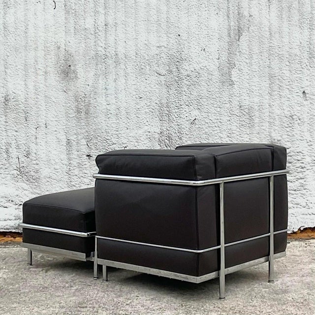 Black Vintage Italian Contemporary Cassina Lc2 Petite Modele Corbusier Leather Chair and Ottoman For Sale - Image 8 of 10