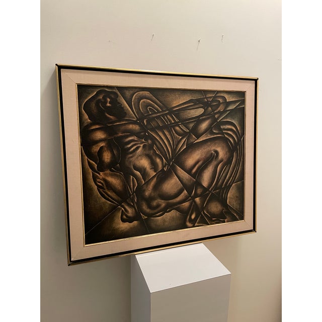 Signed Mid Century Modernist figurative painting titled Prometheus, dated 1964, rendered in deep bronze and charcoal tones...