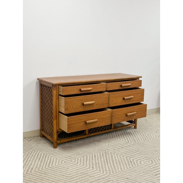 Brown Vintage Petite Rattan 6-Drawer Dresser With Lattice Sides Coastal Boho MCM For Sale - Image 8 of 13