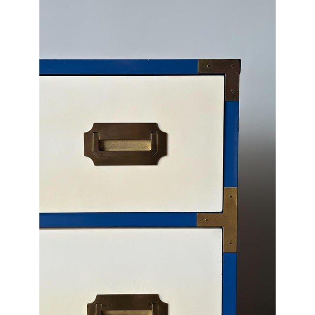 1970s Vintage Blue & White Lacquered Campaign Chest of Drawers For Sale - Image 9 of 17