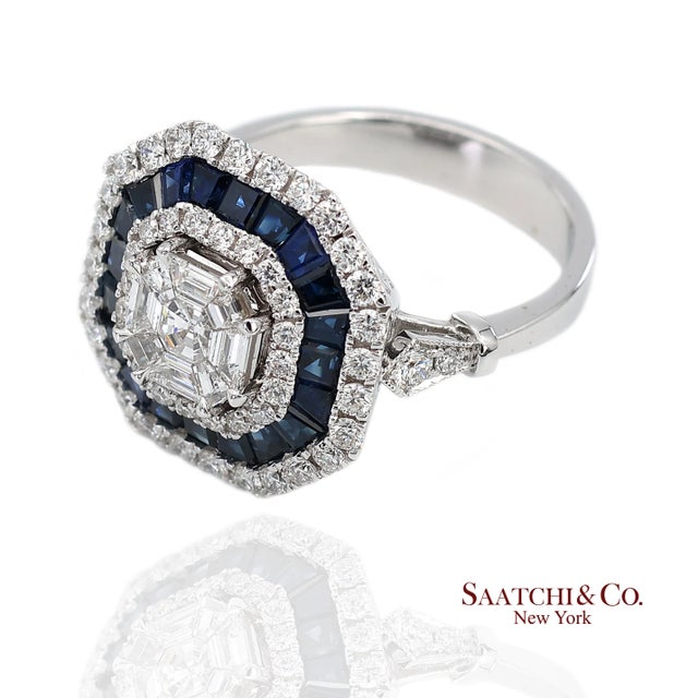 White 18k(750) White Gold Royal Blue Sapphire and Asscher Pie Cut Natural Diamond Ring, Size 6.5 For Sale - Image 8 of 11