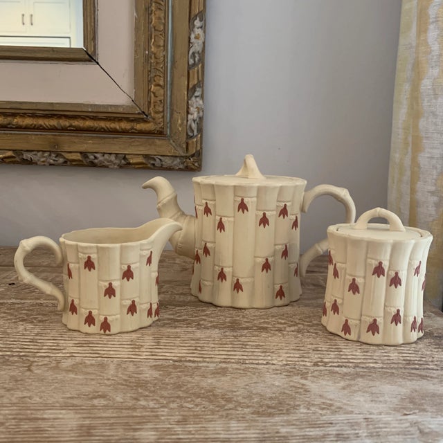 Wedgwood Cane Ware Faux Bamboo Teapot Creamer Sugar Bowl. Marked.