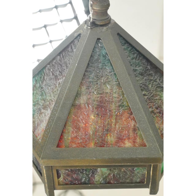 Arts & Crafts Mid 20th Century Arts & Crafts Green Slag Glass Hexagonal Pendant Light - For Sale - Image 3 of 7