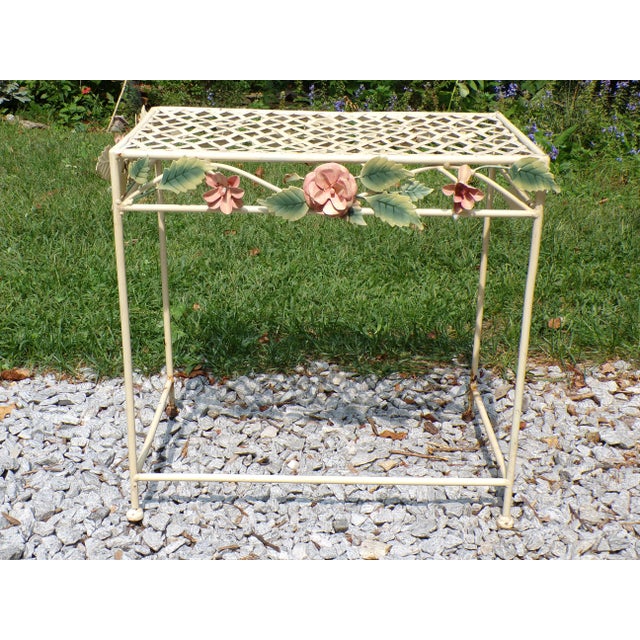 Vintage Tole Metal Wrought Iron Patio Side End Table Garden Plant Stand. Iron frame with wrought iron lattice top and...