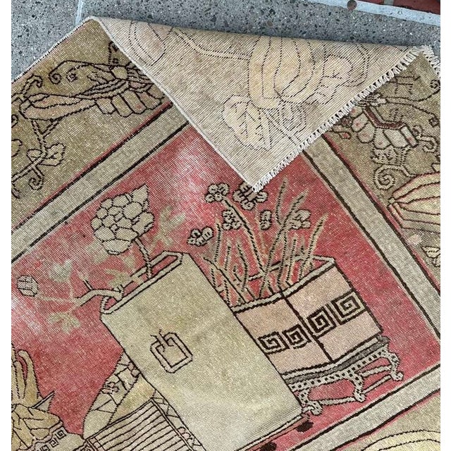 Figurative Antique Khotan Rug 4’7” X 6’7” | Stylized Vase & Floral Design For Sale - Image 3 of 4