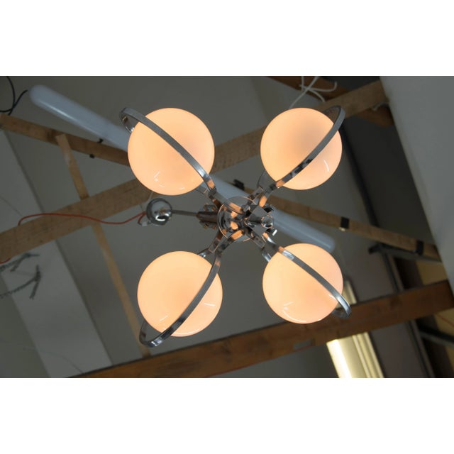 Silver Art Deco Opaline Glass, Wood and Chrome Chandelier, 1930s For Sale - Image 8 of 13