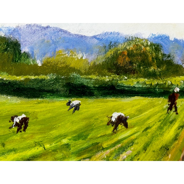 British 20th Century Landscape Oil Painting, Strawberry Pickers Harvesting in West Sussex South Downs For Sale - Image 11 of 18
