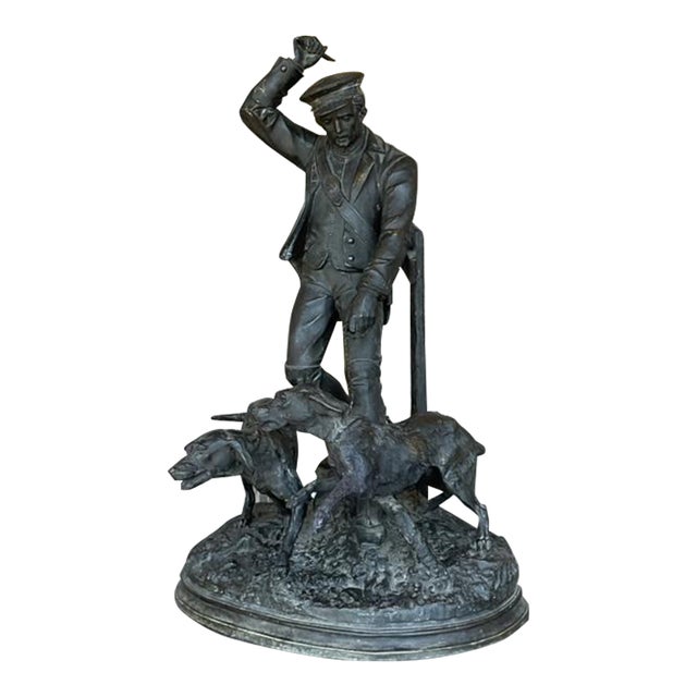 Vintage Boho Patinated Metal Man With Hounds Sculpture For Sale