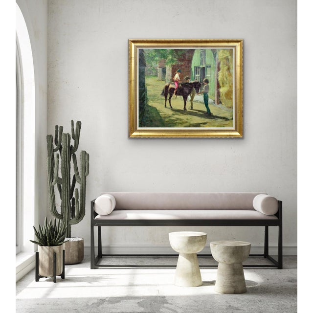 Harry Freckleton, Children with Their Pony in the Stableyard, 1960s, Oil on Canvas For Sale - Image 11 of 18