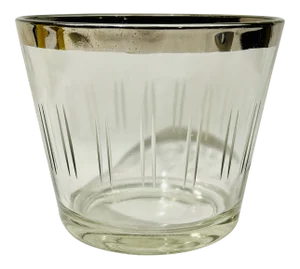 Vintage Mid-Century Modern Small Ice Bucket Barware Glass Cut Silver Rim