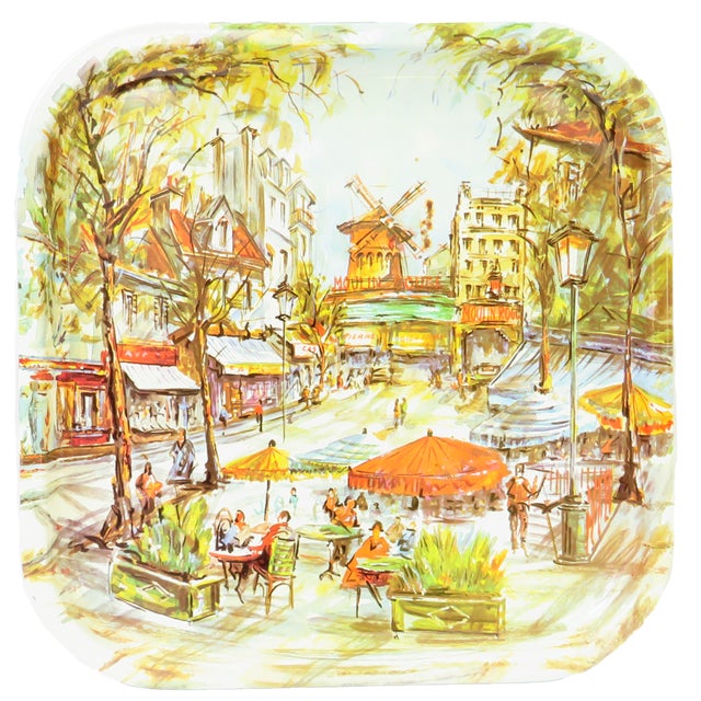 Lovely pair of vintage English tole trays, one square and one round, each with a lively view of Paris' Montmartre...