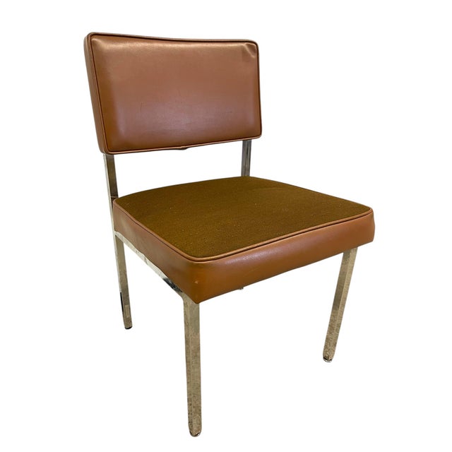 1960s Vintage Industrial Steel Toned Dining Chair - Brown Seat & Brown Vinyl Like Back For Sale - Image 5 of 9