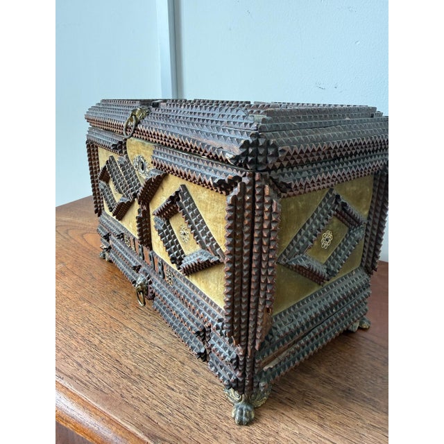 Antique Tramp Art Jewelry Box 1898, Hand Carved Wooden Chest With Mirror, Folk Art Keepsake Box, Victorian Trinket Box, Lion Pull For Sale - Image 9 of 14