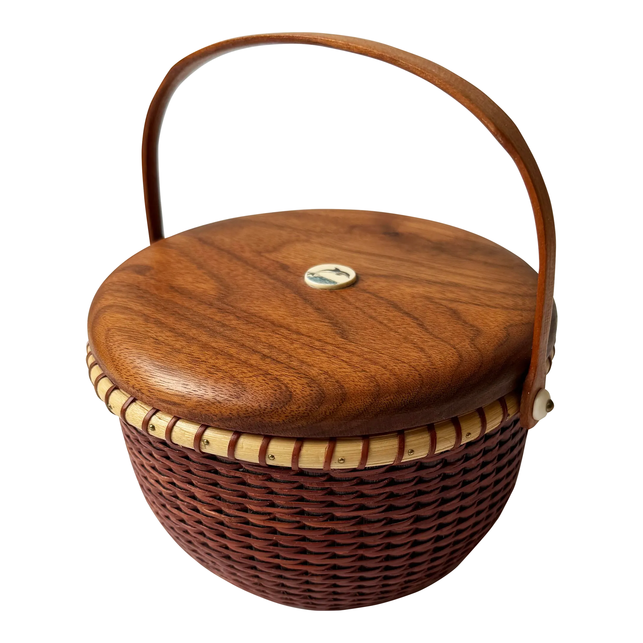 Vintage Signed Nantucket Lightship Basket Handcrafted With Dolphin Lid, Bone Handle & Geometric Pattern