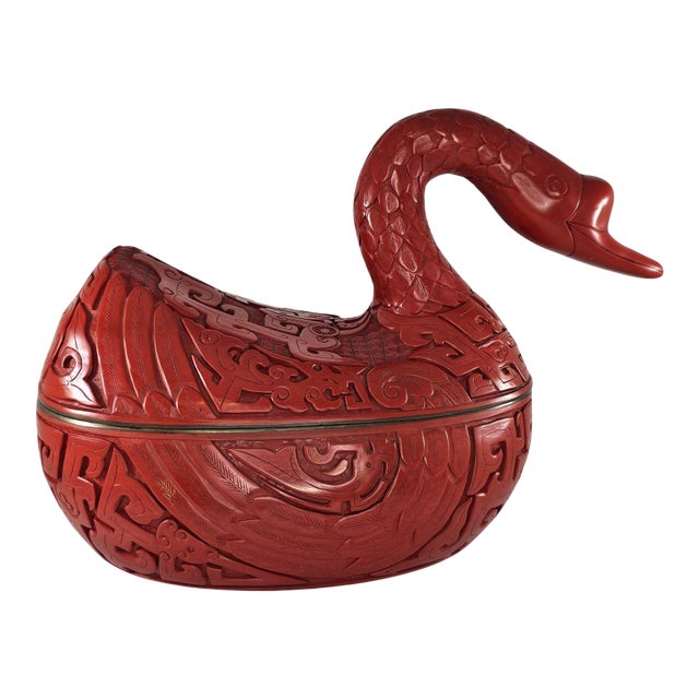 Vintage Red Cinnabar Duck Goose Swan Figure Lidded Box Lacquered For Sale