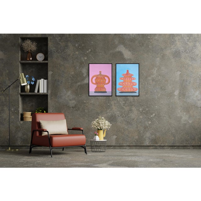 Paper 2025, Pink and Blue Trophies, Modern Still Life Vessels, Acrylic Paint and Gouache Crayon on Watercolor Paper - Set of 2 For Sale - Image 7 of 9