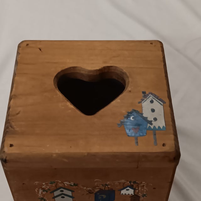 Folk Art Mid 20th Century Natural Hardwood Square Painted Tissue Box Cover For Sale - Image 3 of 10