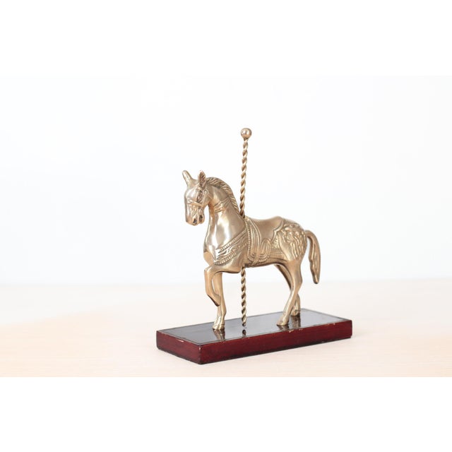 Mid-Century Modern Mid-Century Brass Carousel Horse Figurine on Wood Base, Whimsical Home Decor For Sale - Image 3 of 17