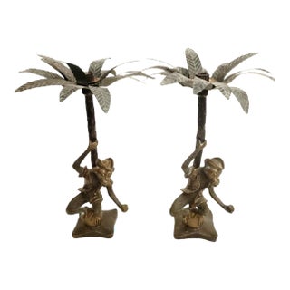 Vintage Whimsical Bronze Monkey Pirate Palm Tree Candle Holders- a Pair For Sale