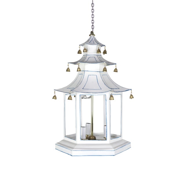 This elegant three-tiered pagoda-topped chandelier is entirely hand-painted white with Prussian blue details. Each tier is...
