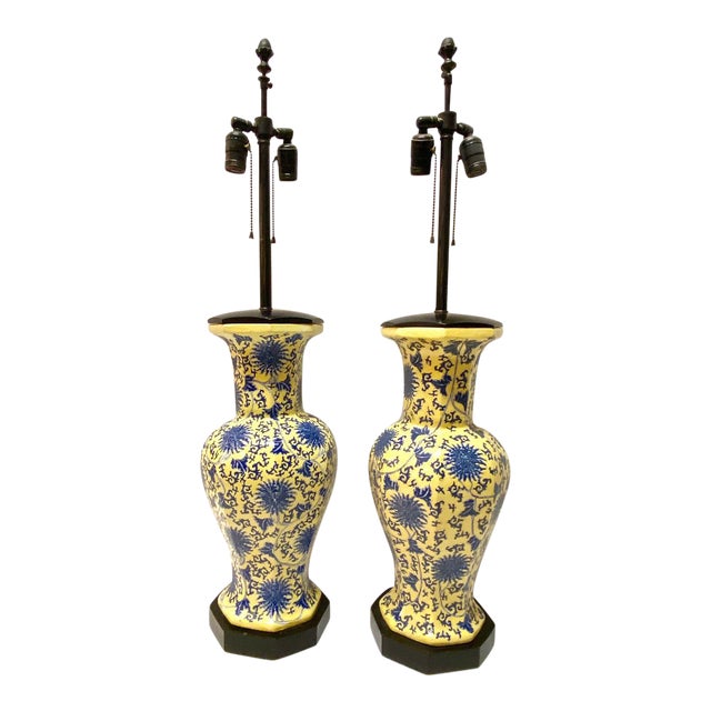 Chinoiserie Blue and Yellow Table Lamps - A Pair For Sale