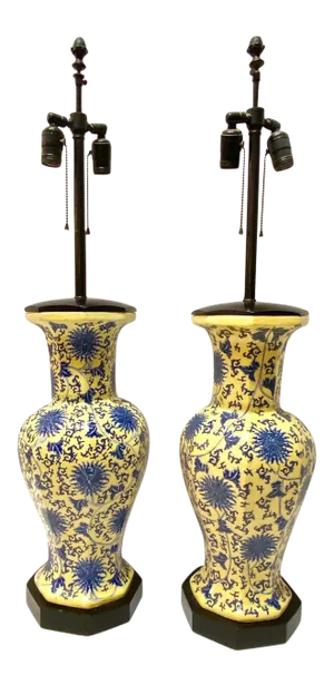 Chinoiserie Blue and Yellow Table Lamps - A Pair