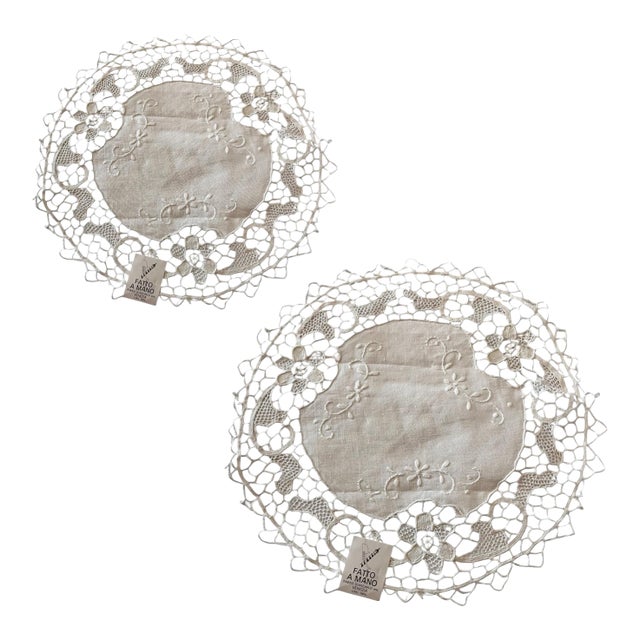 Vintage Table Tatting Doilies Fine Linen Imported Italy Late 20th Century Handmade Traditional - Set 2 For Sale