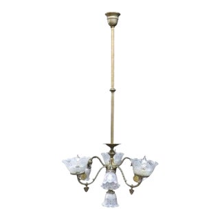 Brass Electric & Gas 7-Light Chandelier & Diamond Cut Ruffled Glass Shades C1890 For Sale