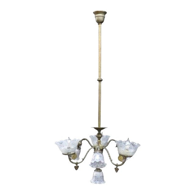 Brass Electric & Gas 7-Light Chandelier & Diamond Cut Ruffled Glass Shades C1890 For Sale