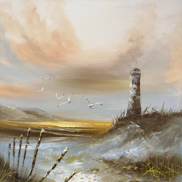 Vintage Coastal Lighthouse |Signed Oil on Canvas Seascape For Sale In Phoenix - Image 6 of 6