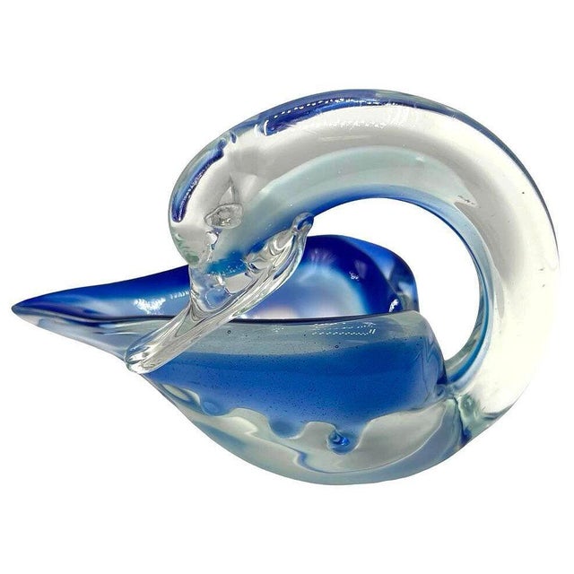 1970s Hand Blown Blue & Transparent Art Glass Swan Ring Tray For Sale - Image 4 of 7