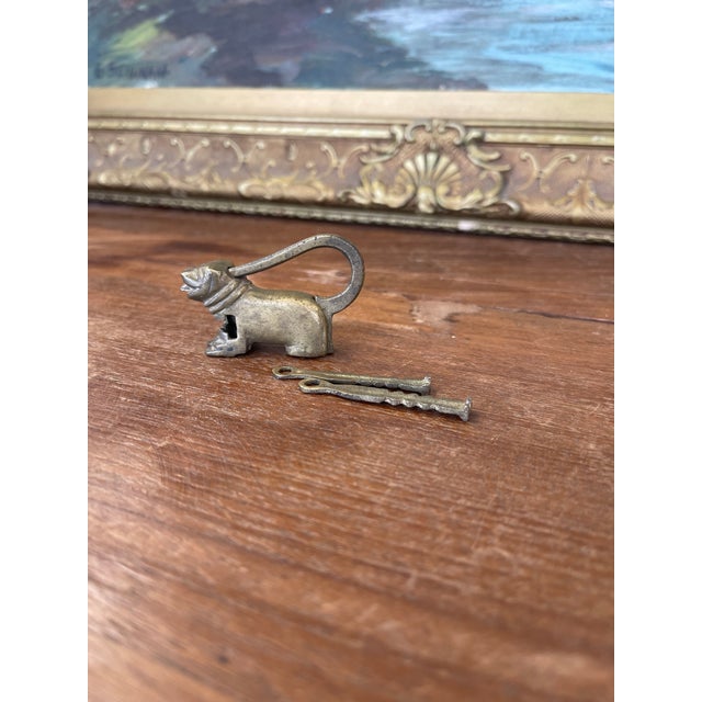 Wood Antique Likely Brass Figural Dog Puzzle Lock With Original Keys, Early 20th Century For Sale - Image 7 of 11