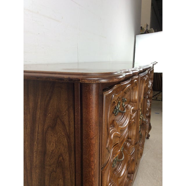 Mid Century French Provincial Style Lowboy Dresser With Ornate Drawer Faces For Sale - Image 13 of 18