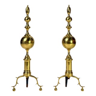 Vintage Tall Polished Brass & Cast Iron Ball Top Andirons - Pair For Sale