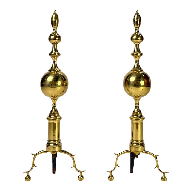 Vintage Tall Polished Brass & Cast Iron Ball Top Andirons - Pair For Sale