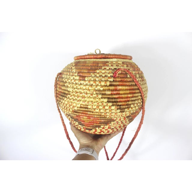 Beige Vintage African Coiled Straw Lidded Two Tone Orange Hand Woven Covered Basket With Straps For Sale - Image 8 of 10