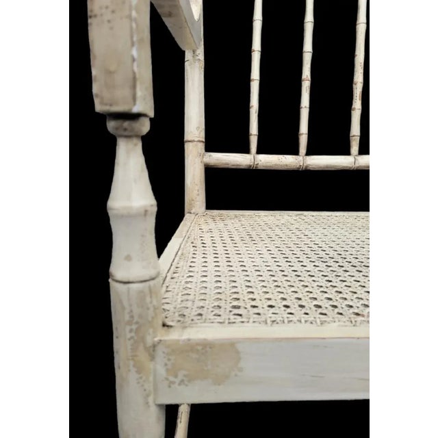 Baker Furniture Company Vintage Distressed Faux Bamboo Cane Seat Tan Side Arm Chair For Sale - Image 4 of 8