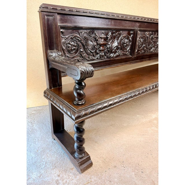 20th Century Spanish Carved Wood Bench with Barley Twist Legs, 1920 For Sale - Image 15 of 17