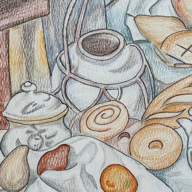 Linen Vintage Original Pencil Drawing French Bakery Still Life Signed Paul Besse For Sale - Image 8 of 11