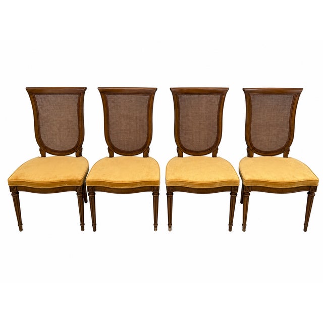 Set of 4 Vintage Neoclassical Cane Back Dining Chairs With Original Harvest Gold Upholstery For Sale - Image 9 of 9