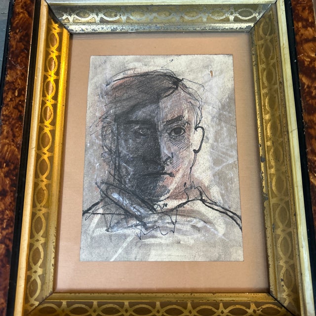 1950’s abstract expressionist male portrait drawing with ink, pastel and charcoal. Measures 4.5x6 / 8.5x10.5 overall in...