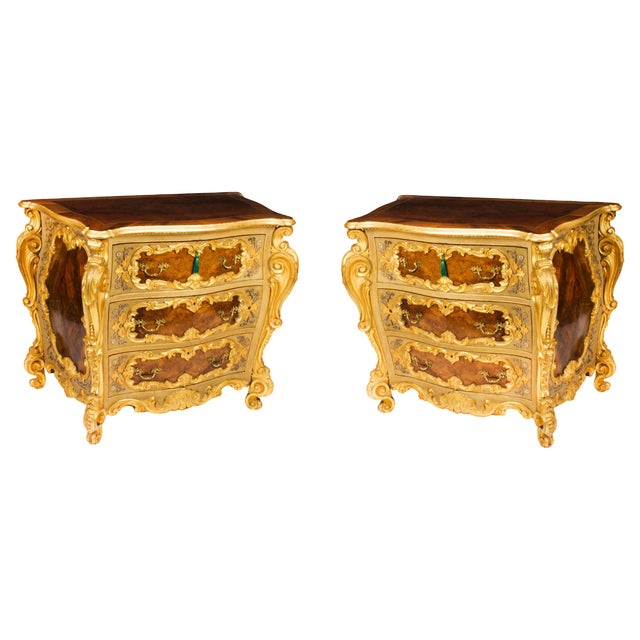 Antique Venetian Walnut and Giltwood Commodes, 1890s, Set of 2 For Sale
