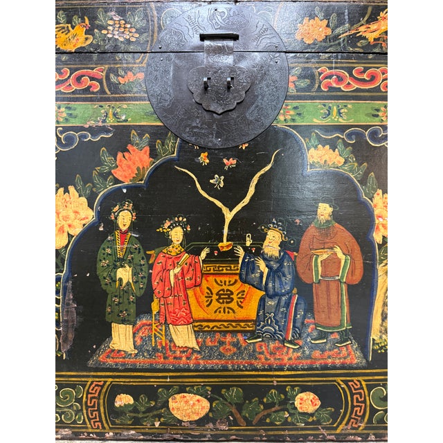 Antique Chinese Opera Trunk Hand Painted Wedding Chest Floral Motif For Sale - Image 13 of 17