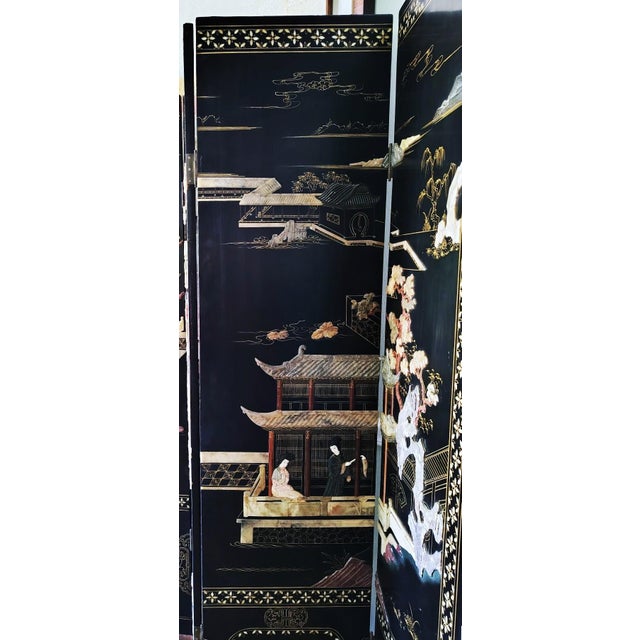 Metal Mid 20th Century Chinese Export Six Panel Carved Soapstone Coromandel Screen For Sale - Image 7 of 16