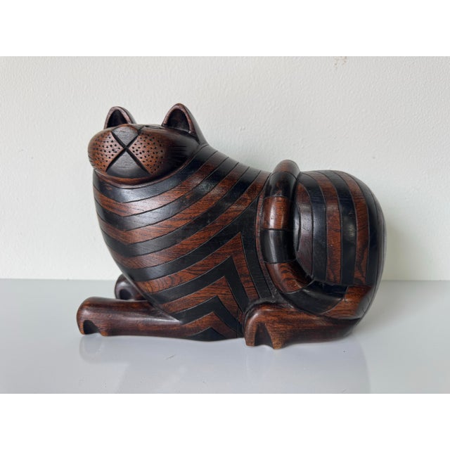 1980’s Vintage Folk Art - Hand-Carved Mahogany Wood Cat Sculpture With Hidden Secret Compartment For Sale - Image 9 of 12