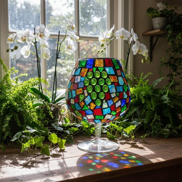 Oversized Stained Glass Mosaic Goblet Candle Holder-Boho-Moroccan-Lantern-Light For Sale - Image 4 of 8